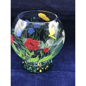 Romania Crystal Art Glass Vase Hand Painted Flowers BEE & BUTTERFLY‎